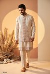 Cream Outluk Wedding Vol 64 Linen Embroidery Mens Indo Western W6401